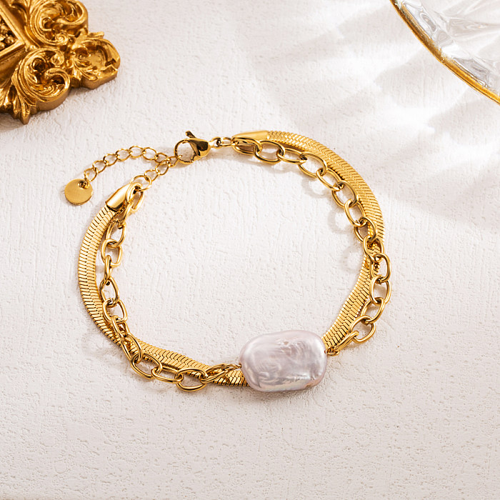 French Style Irregular Stainless Steel Layered Freshwater Pearl 18K Gold Plated Bracelets Necklace