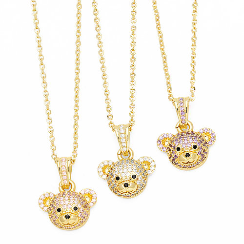 Cute Shiny Little Bear Stainless Steel Copper Plating Inlay Zircon 18K Gold Plated Pendant Necklace