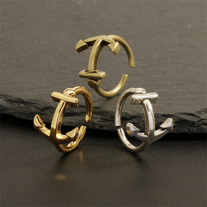 Hip-Hop Vintage Style Leaves Anchor Copper Plating 18K Gold Plated Open Rings