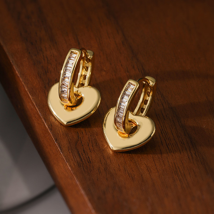 1 par estilo simples comute coração forma chapeamento incrustação cobre zircão 18k brincos banhados a ouro