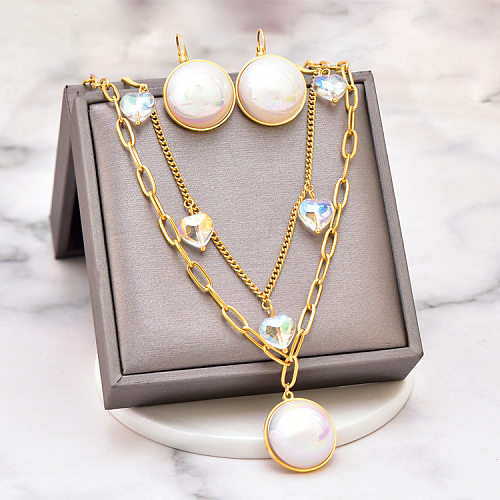 Boucles d'oreilles rondes en forme de cœur pour femme, incrustation de placage en acier et titane, perles artificielles plaquées or, collier