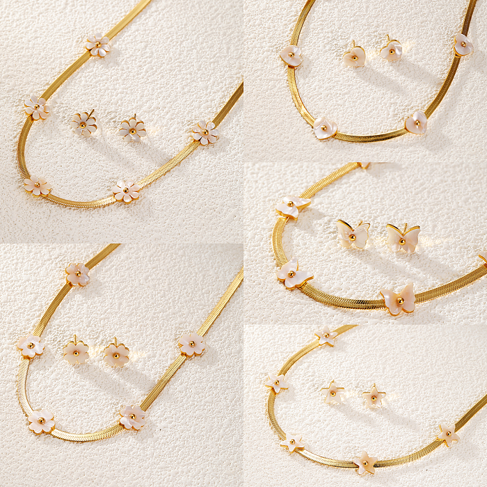 Elegante estilo simple estrella forma de corazón flor concha de acero inoxidable chapado en oro de 18 quilates collar de pendientes chapados