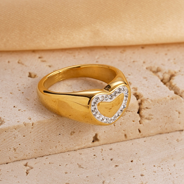 Modern Style Classic Style Commute Heart Shape Stainless Steel Plating Inlay Artificial Diamond Gold Plated Rings