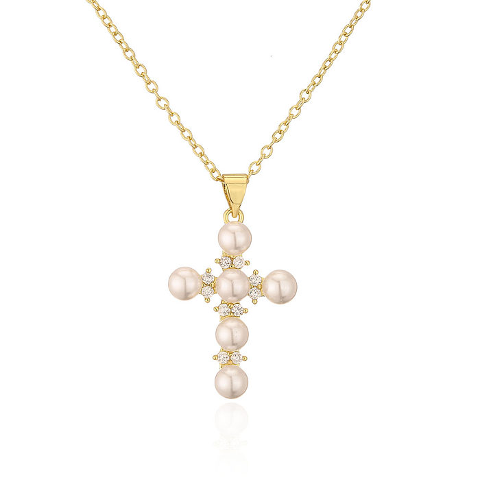 Fashion Clavicle Chain Copper 18K Gold Zircon Pearl Cross Pendant Necklace