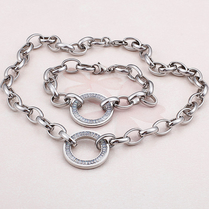 Round Inlaid Diamond Bracelet Necklaces Stainless Steel Set