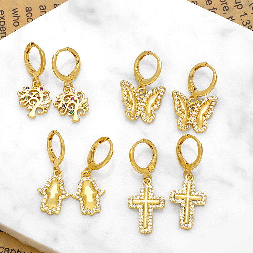 1 Pair Simple Style Cross Butterfly Plating Inlay Copper Zircon 18K Gold Plated Drop Earrings