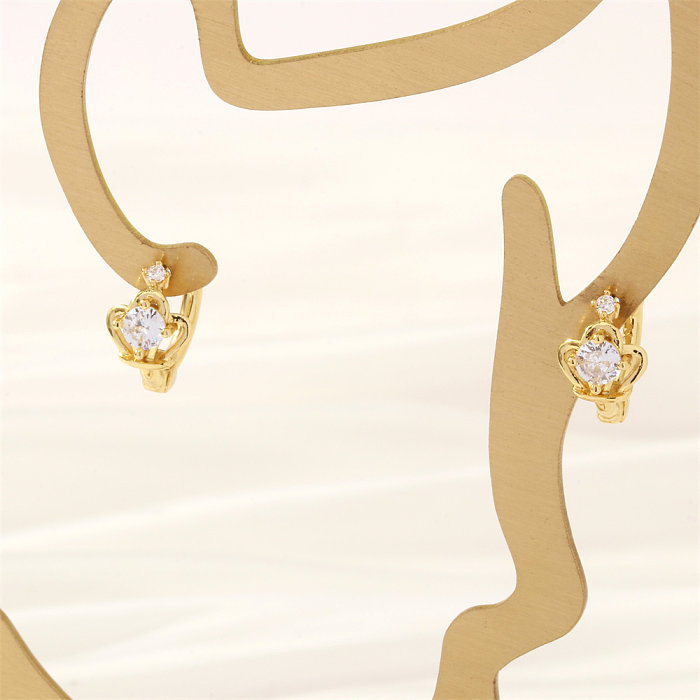 1 paire de boucles d'oreilles pentagramme en forme de cœur, Style Simple, fleur, placage d'émail, incrustation de cuivre et de Zircon plaqué or 18 carats
