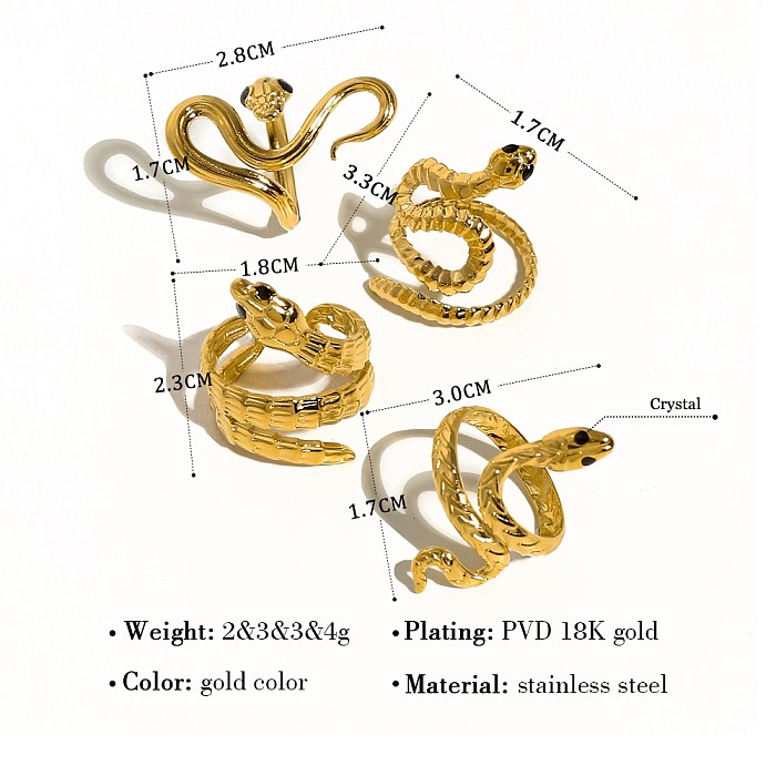 Atacado estilo IG estilo simples cobra aço inoxidável titânio chapeamento incrustação 18K banhado a ouro anéis abertos de cristal