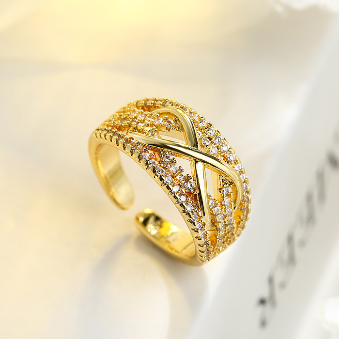 Simple Style Commute Geometric Copper Plating Inlay Zircon 18K Gold Plated Open Rings