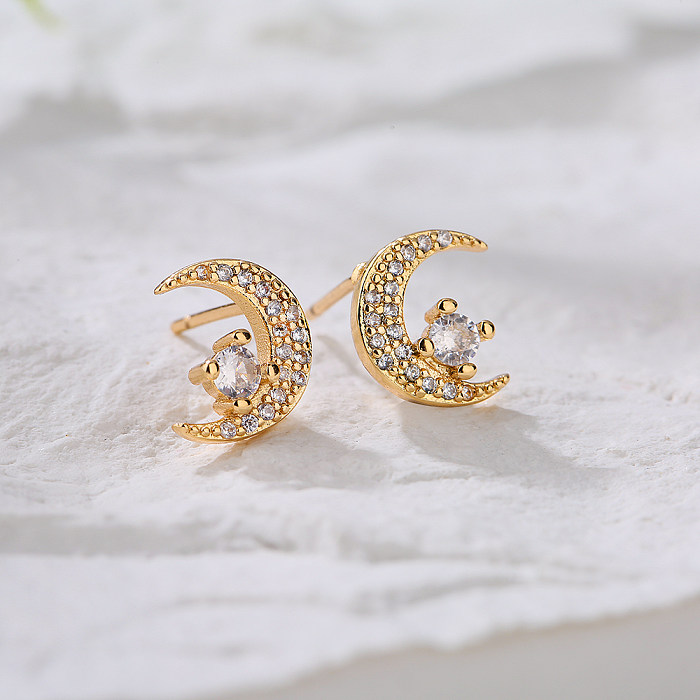 Fashion Plated 18K Gold Micro Inlaid Zircon Moon-Shaped Copper Ear Stud Earrings