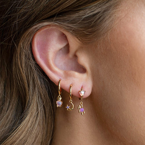 Fashion Moon Bear Brass Earrings Inlay Zircon Copper Earrings