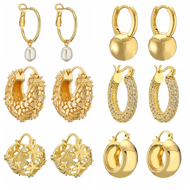 1 Paar Streetwear-Ohrringe mit geometrischer Beschichtung, Inlay, Kupfer, Zirkon, vergoldet, Creolen, Ohrstecker