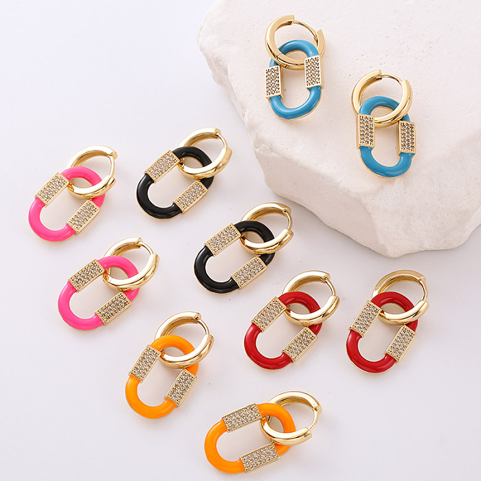 1 Pair Casual Simple Style Oval Enamel Plating Inlay Copper Zircon 24K Gold Plated Drop Earrings