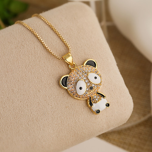 Cute Simple Style Commute Panda Copper 18K Gold Plated Artificial Pearls Zircon Pendant Necklace In Bulk