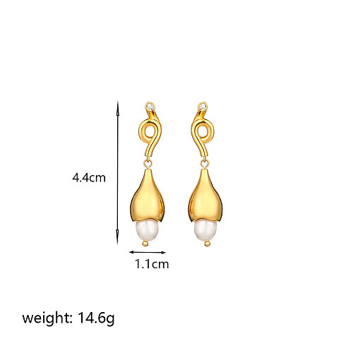 1 Paar elegante, schlichte Pendel-Ohrringe mit Blumenüberzug, Inlay aus Kupfer, Muschelperlen, Zirkon, 18 Karat vergoldet