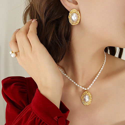 Retro Oval Titanium Steel Inlay Artificial Pearls Earrings Necklace