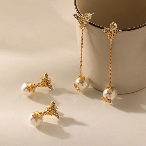 1 Paar modische Biene, Kupfer-Inlay, künstliche Perlen, künstliche Diamant-Tropfenohrringe