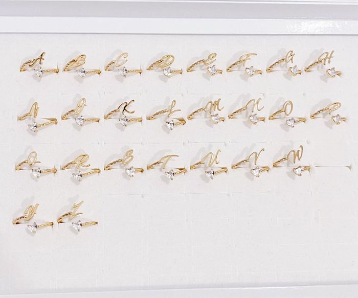 Anillos abiertos de diamante artificial con incrustaciones de cobre en forma de corazón de letra de estilo moderno
