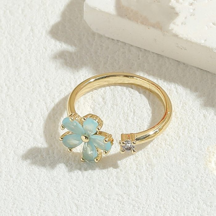 Simple Style Classic Style Round Flower Copper Asymmetrical Plating Inlay Zircon 14K Gold Plated Open Rings