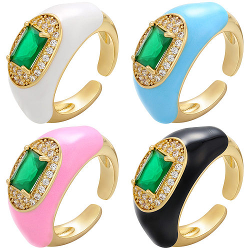 Atacado moda gota óleo colorido esmeralda anel de cobre ajustável joias