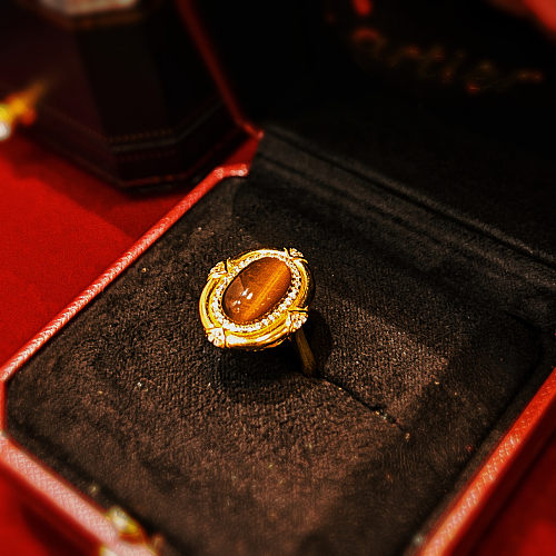 Ovale Retro-Ringe mit Kupferbeschichtung und Intarsien-Tigerauge, 24 Karat vergoldet
