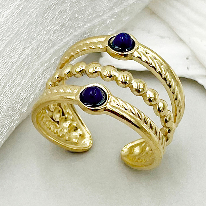 Vacation Modern Style Stripe Stainless Steel Metal Layered Plating Inlay Artificial Gemstones Gold Plated Open Ring