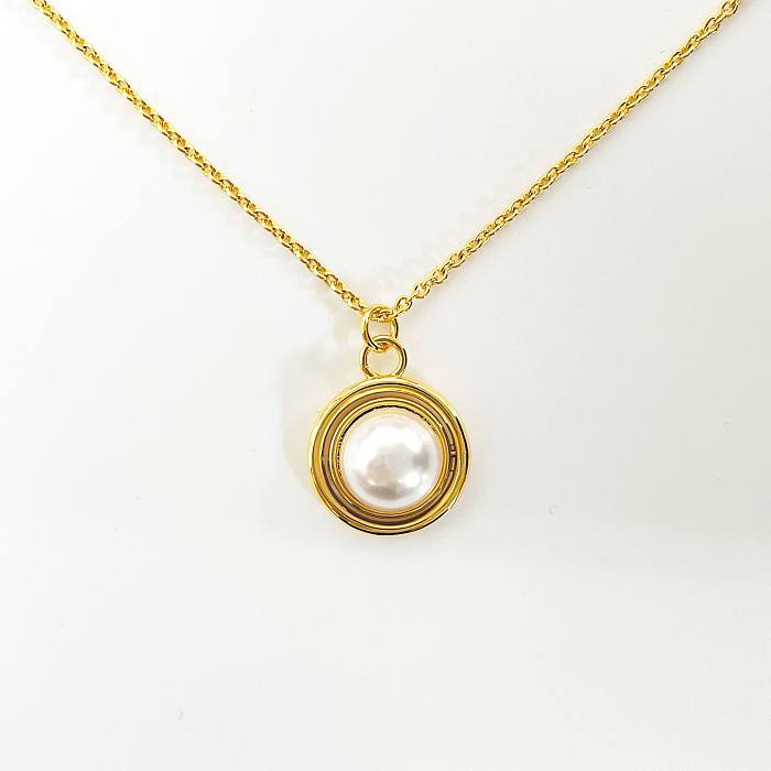 Fashion Round Copper Inlay Pearl Pendant Necklace