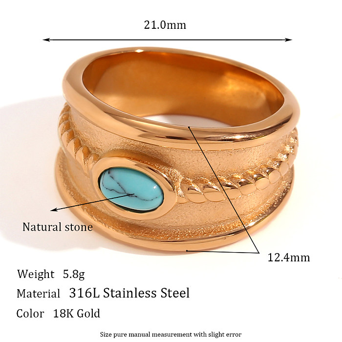 Vintage Style Classic Style Oval Stainless Steel Plating Inlay Natural Stone 18K Gold Plated Wide Band Rings
