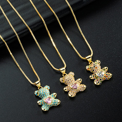 INS japanische und koreanische einfache süße Herz-Bär-Anhänger-Halskette, weiblich, verkupfert, vergoldet, eingelegter Zirkon, koreanischer Stil, Online-Influencer-Schlüsselbeinkette