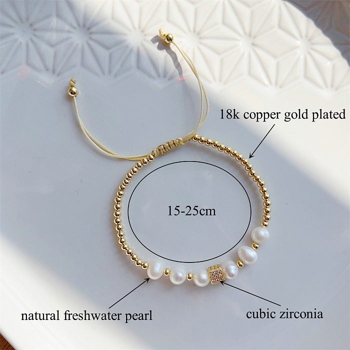Streetwear Solid Color Freshwater Pearl Copper Beaded Plating Inlay Zircon Bracelets