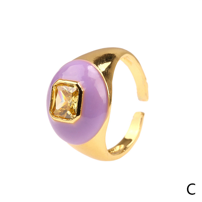 Casual Streetwear Triangle Square Heart Shape Copper Enamel Plating Inlay Zircon 18K Gold Plated Open Rings