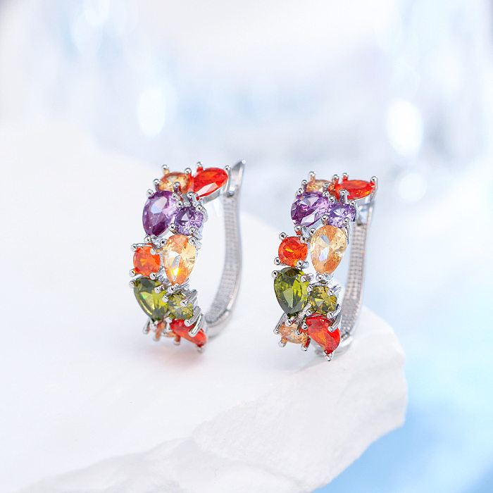 1 Pair Elegant Sweet Color Block Plating Inlay Copper Zircon Rhodium Plated Hoop Earrings