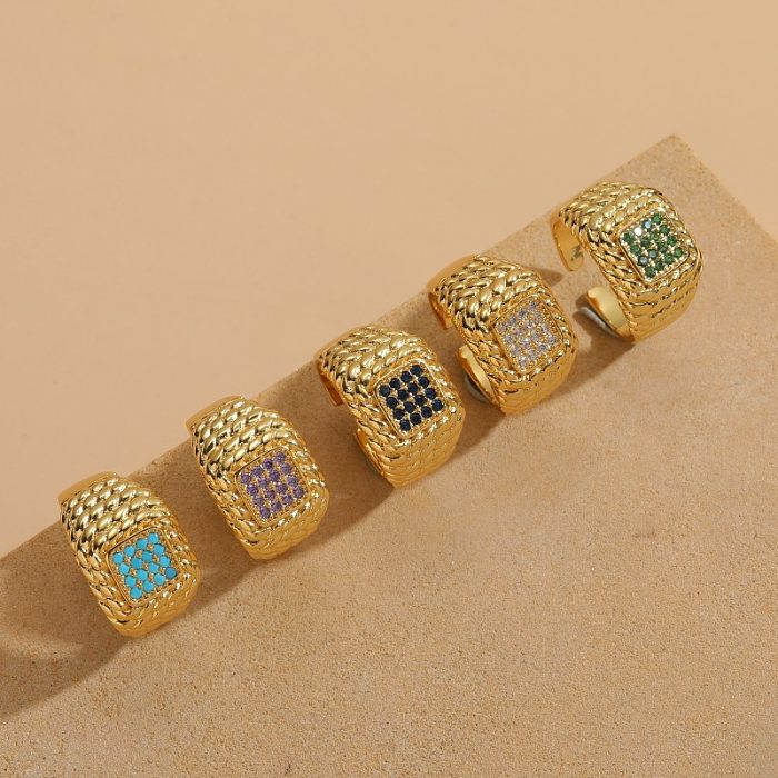 Casual Simple Style Square Copper Plating Inlay Zircon 14K Gold Plated Open Rings
