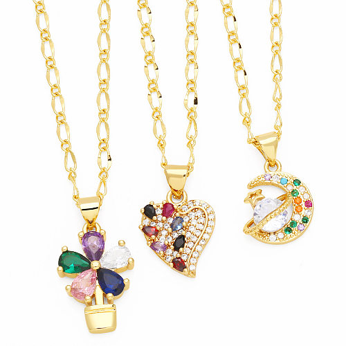 IG Style Streetwear Herzform Blume Kupferbeschichtung Inlay Zirkon 18K vergoldet Anhänger Halskette