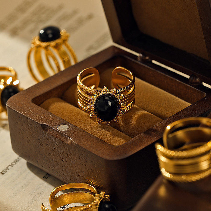 Modischer offener Ring aus Obsidian mit geometrischem Edelstahl-Inlay, 1 Stück