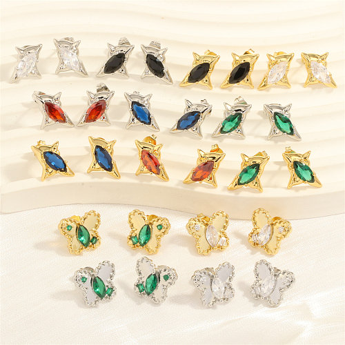 1 paire de clous d'oreilles luxueux en forme d'étoile et de papillon, Style IG, incrustation de cuivre et de Zircon plaqué or 18 carats