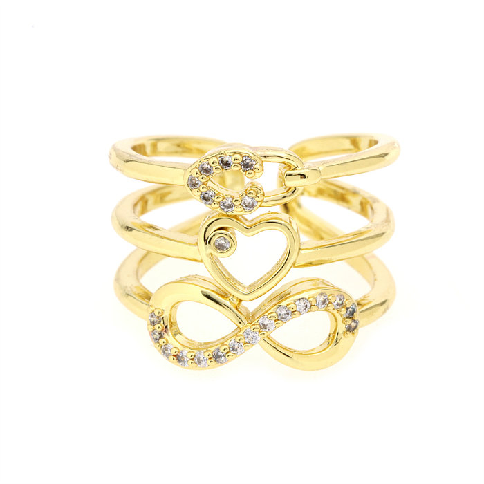 1 peça estilo simples pentagrama formato de coração revestimento de cobre incrustação zircão banhado a ouro anel aberto