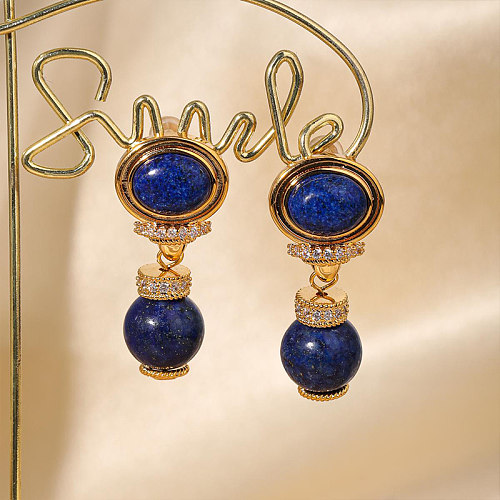 1 paire de boucles d'oreilles pendantes plaquées or 18 carats, Style Simple, incrustation ronde en cuivre Lapis Lazuli