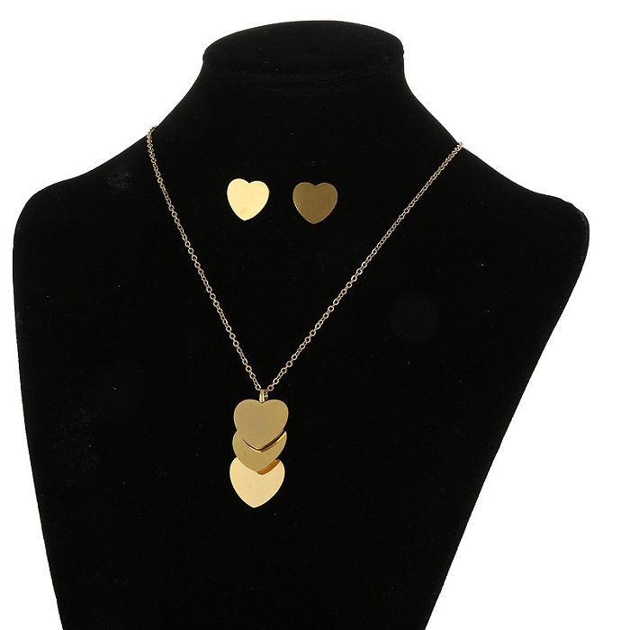European And American Fashion Stainless Steel Heart Pendant Necklace Earrings Clavicle Chain Heart Set