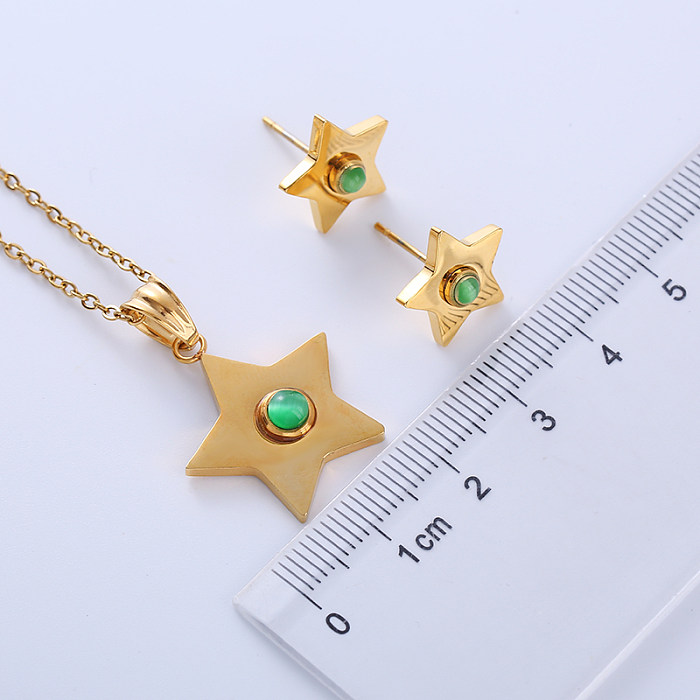 Simple Style Pentagram Stainless Steel Inlay Turquoise 18K Gold Plated Earrings Necklace Jewelry Set