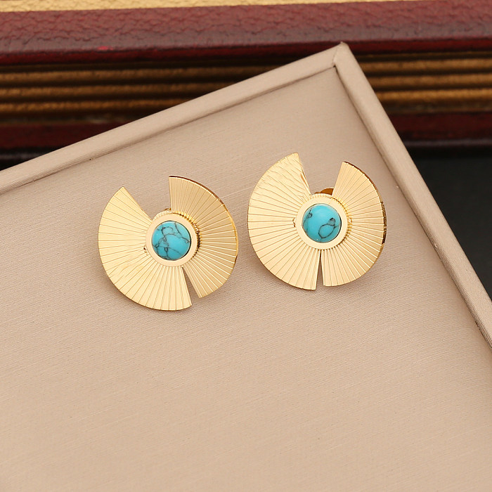 Exaggerated Commute Sector Stainless Steel Inlay Turquoise Rings Earrings Necklace