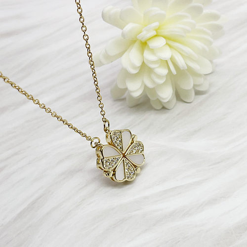 Fashion Four Leaf Clover Heart Shape Copper Rhinestones Pendant Necklace