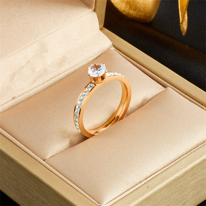 Simple Style Round Titanium Steel Inlay Zircon Rings