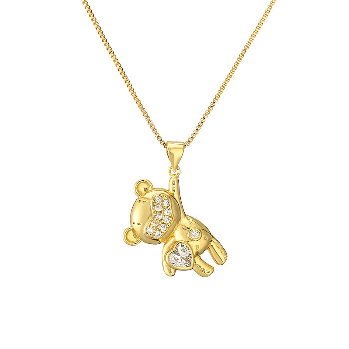 Casual Cute Little Bear Copper Plating Inlay Zircon Gold Plated Pendant Necklace