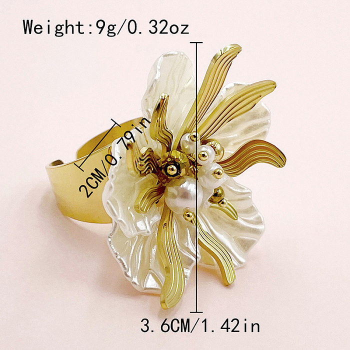 Anéis banhados a ouro de pérola com revestimento de aço inoxidável de flor romântica