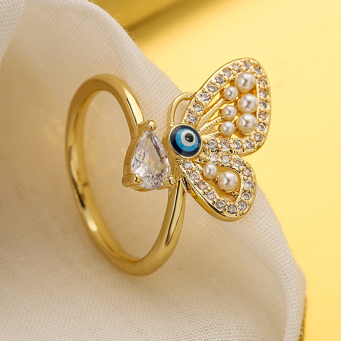 1 peça moda borboleta chapeamento de cobre incrustação pérola zircão anel aberto