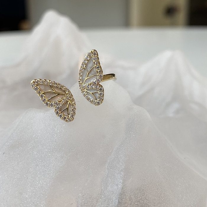 Sweet Butterfly Copper Plating Inlay Artificial Diamond Shell Open Rings