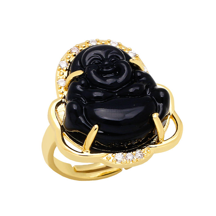 Chinoiserie Buddha Copper Open Ring Plating Glass Copper Rings