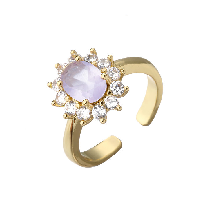 Anel de diamante oval de zircão microincrustado com pedras preciosas em cor doce Anel banhado a ouro 18K