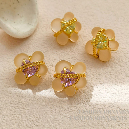 1 Pair Simple Style Flower Plating Inlay Resin Copper Zircon Ear Studs
